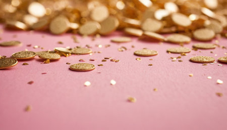 Golden confetti on pink background. Festive concept. Copy space.の素材