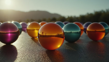 Colorful of glass balls in a row on the floor at sunsetの素材