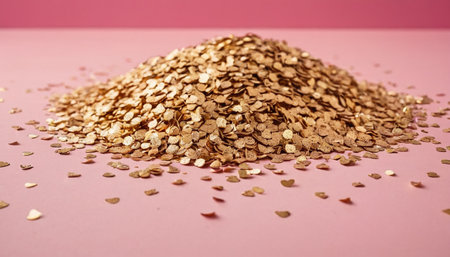Pile of golden oat flakes on pink background. Healthy food concept.の素材