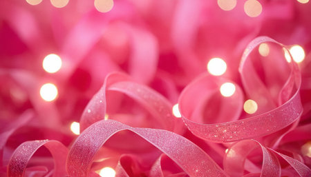 Pink ribbons with lights on bokeh background, soft focusの素材