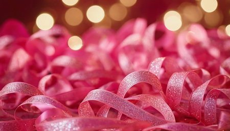 Shiny red ribbons with bokeh background, close upの素材