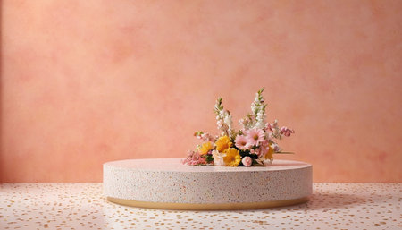 3d render of a podium with flowers on a pink background.の素材