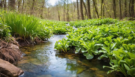 A small river flows through the forest. Spring landscape in the forest.の素材