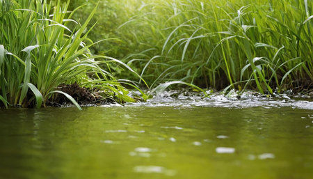 Water flowing through the green grass in the river, natural background.の素材