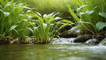 Closeup of fresh green grass and water stream in the forest.の素材