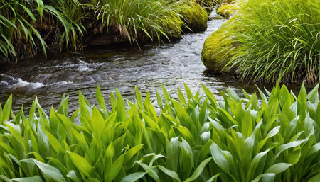 Lily of the valley and the stream in the springtime.の素材
