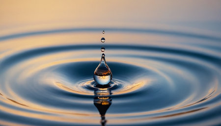 Water drop falling into the water. Splash effect after collision a falling drops with water Surfaceの素材