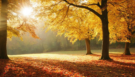 Autumn landscape with yellow trees and sunbeams in the parkの素材