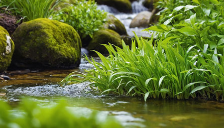 Beautiful fresh green grass growing in the stream with blurred background.の素材