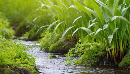 Green corn growing in a stream, close-up. Nature backgroundの素材