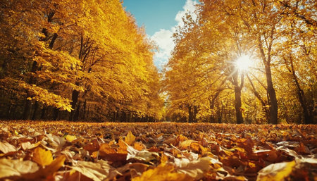 autumn forest with fallen leaves on the ground and sun in the skyの素材