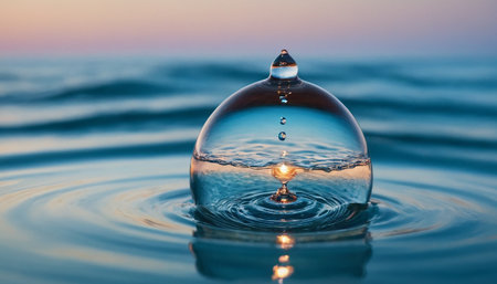Drop of water falling on the surface of the water with waves and sky backgroundの素材
