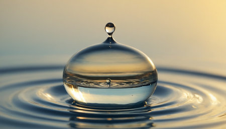 Water drop falling on surface of water with ripples and ripplesの素材