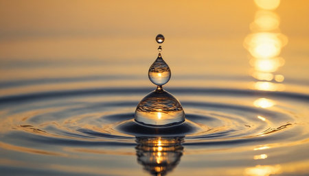 Water drop falling into water. Splash effect after collision a falling drops with water Surfaceの素材