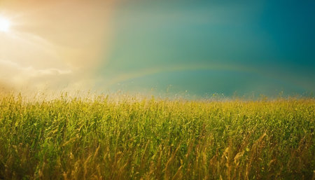 Green grass field and rainbow on blue sky background. Nature background.の素材