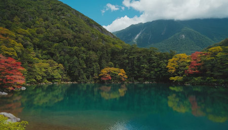 japanese lake in autumn season with colorful trees and blue skyの素材