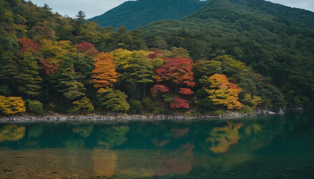 Autumn leaves of japanese maple tree in the lake with mountain backgroundの素材
