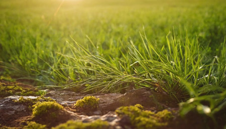 Green grass on a meadow in the rays of the setting sunの素材