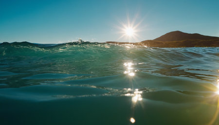Beautiful ocean wave with sunbeams and blue sky background.の素材