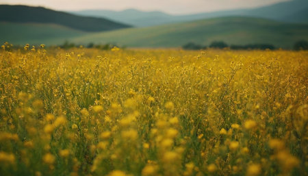 Beautiful spring landscape with yellow field and mountains in the background.の素材