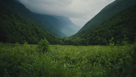 Mountain landscape with green meadow and forest in cloudy weather.の素材