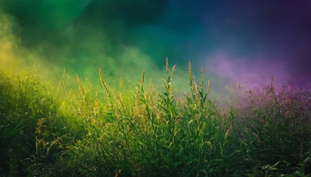 Foggy meadow in the morning light. Colorful summer landscape.の素材