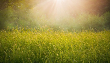 Green grass in the meadow with sunbeams and lens flareの素材