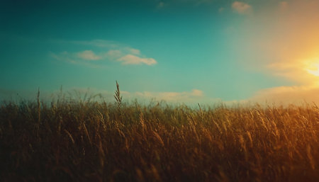Sunset over a meadow with grasses. Vintage style.の素材