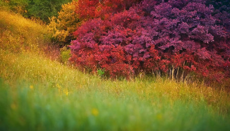 Autumn landscape with colorful trees and meadow in the morning.の素材