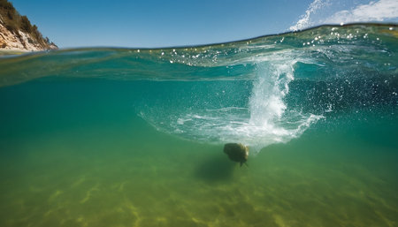 Underwater shot of a young man diving into the sea with splashesの素材