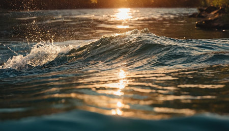 Water splashes on the surface of the sea at sunset. Beautiful nature backgroundの素材