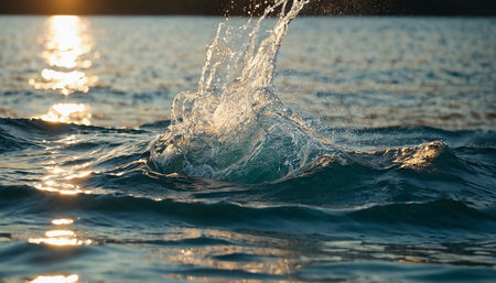 Splashes of water in the sea at sunset. Water splashes.の素材
