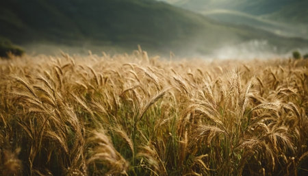 Golden wheat field in the morning light with fog and mountain background.の素材
