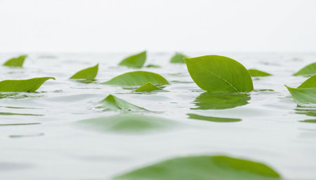 Green leaves on the water surface with white background, shallow depth of fieldの素材