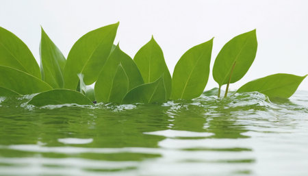 Green leaves on the water surface with drop of water and white backgroundの素材