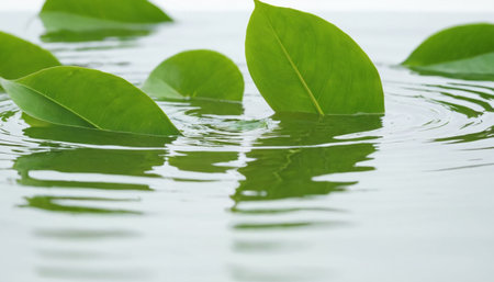 Green leaves on water surface with ripples, shallow depth of fieldの素材