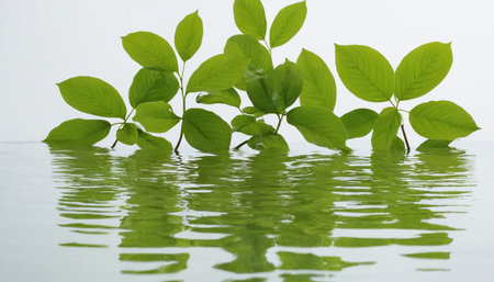 green leaves reflected in water, closeup of photo with shallow depth of fieldの素材