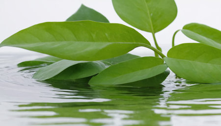 green leaves on water surface with ripples and reflection on white backgroundの素材