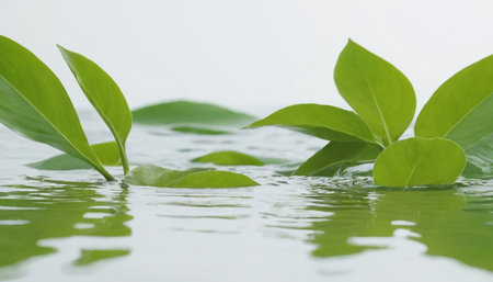 Green leaves in water with white background, shallow depth of field.の素材
