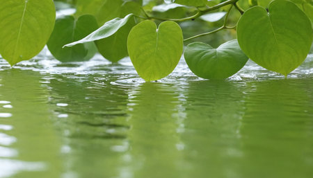 Green leaves reflected in the water, with a shallow depth of fieldの素材