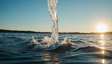 Splashes of water on the background of the setting sun. Shallow depth of field.の素材