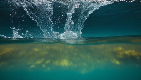 Underwater view of a wave breaking underwater with splashes of waterの素材