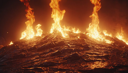 Flames of a volcano in the night. 3D illustration.の素材