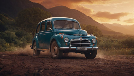 Vintage car on a dirt road in the mountains at sunset.の素材