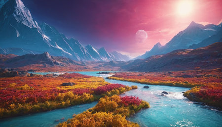 Beautiful autumn landscape with mountain river and snow-capped peaksの素材