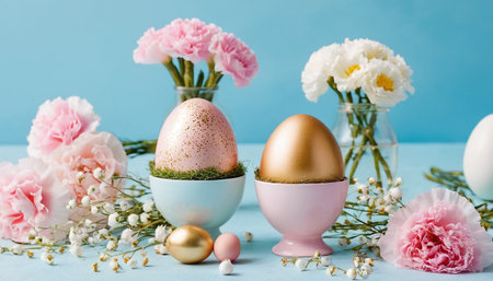 Easter eggs in pastel colors and spring flowers on blue backgroundの素材
