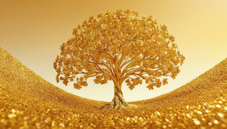 3d rendering of golden autumn tree with golden leaves on yellow backgroundの素材
