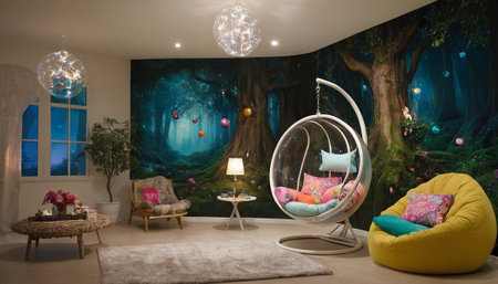 Interior of a living room at night with a large mirror.の素材