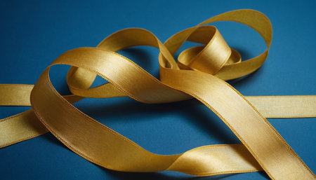 Yellow ribbon on a blue background. Close-up. Copy space.の素材