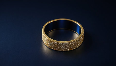 Gold wedding ring on a dark blue background. Jewelry concept.の素材